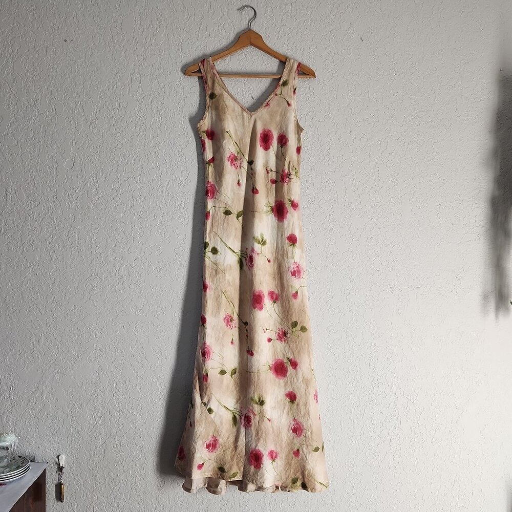 Charles Gray London vintage 100% linen maxi dress floral rose print lined sz 8